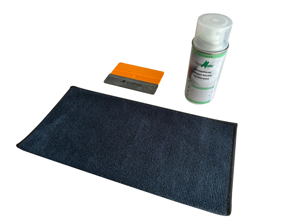 Design Aufkleber Montageset Silikonentferner, Folienrakel, Mikrofasertuch