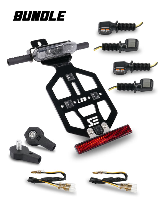 SIMADE komplett Umbauset auf LED-Technik mit Kennzeichenhalter, Highsider Rücklicht schwarz, Blinker, Widerstand, Reflektor und Blinkerhalter vorne für Simson S50 S51 S70
